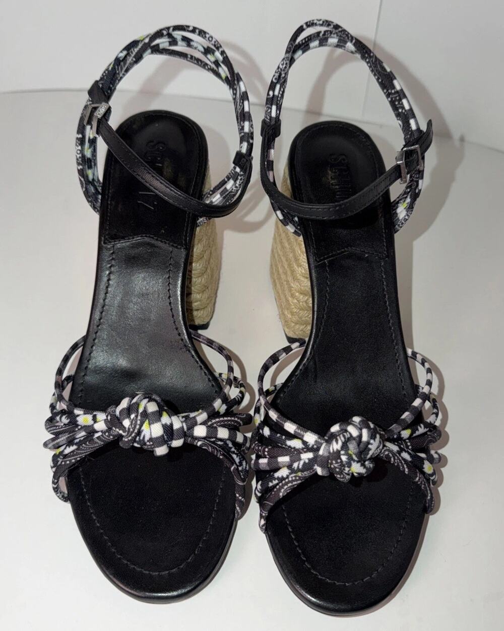 Schutz Dahra Block Heel Strappy Sandals Black & White Gingham & Paisley Sz 10B